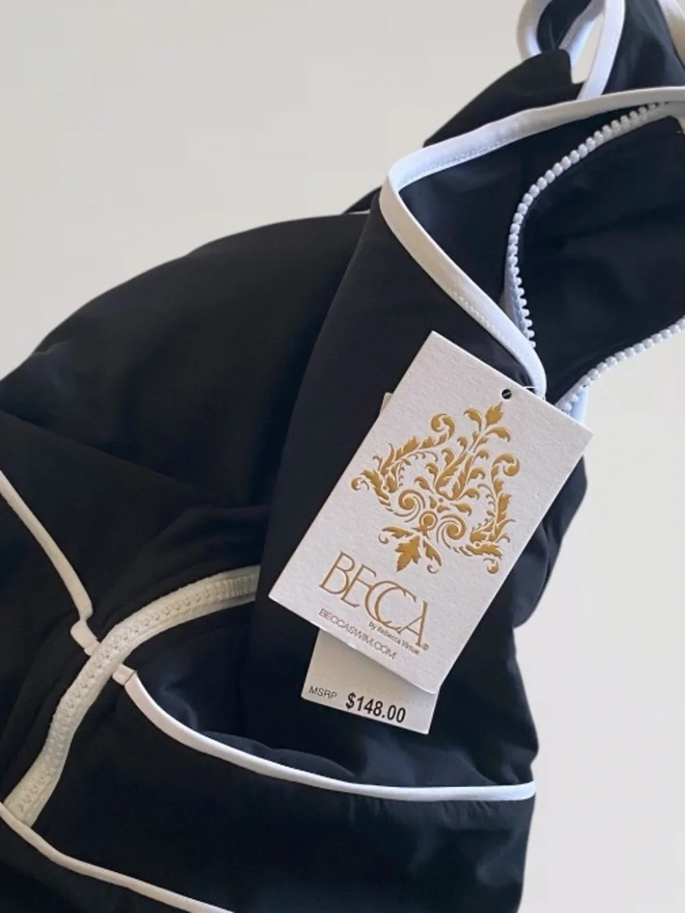 BECCA Swimsuit NWT Bali Boho Contrast Piping Sport One Piece Black White Size S